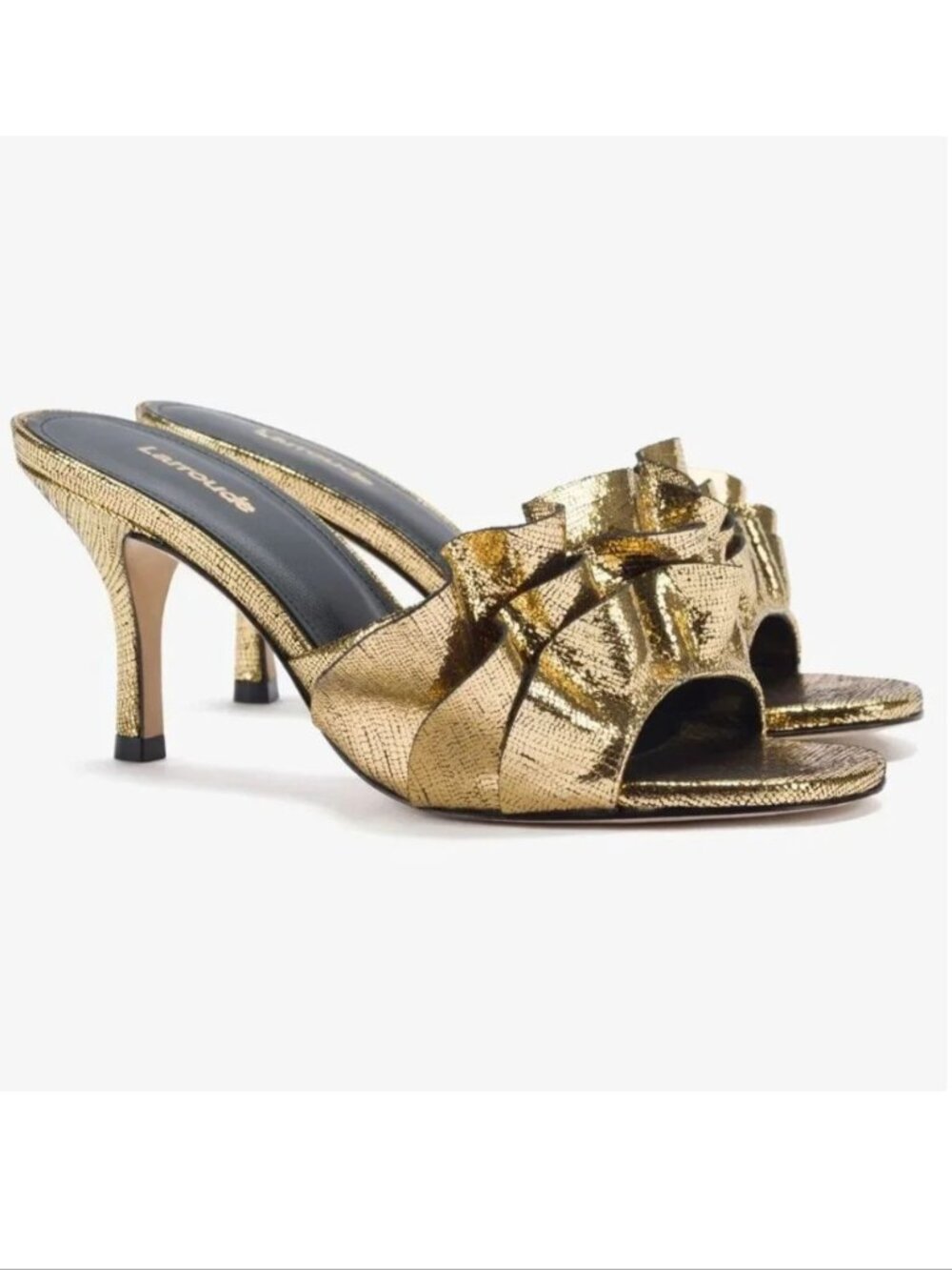 Larroude Colette Ruffle Mule Heels Sandal Size 5.5 Cracked Gold Leather NEW $330
